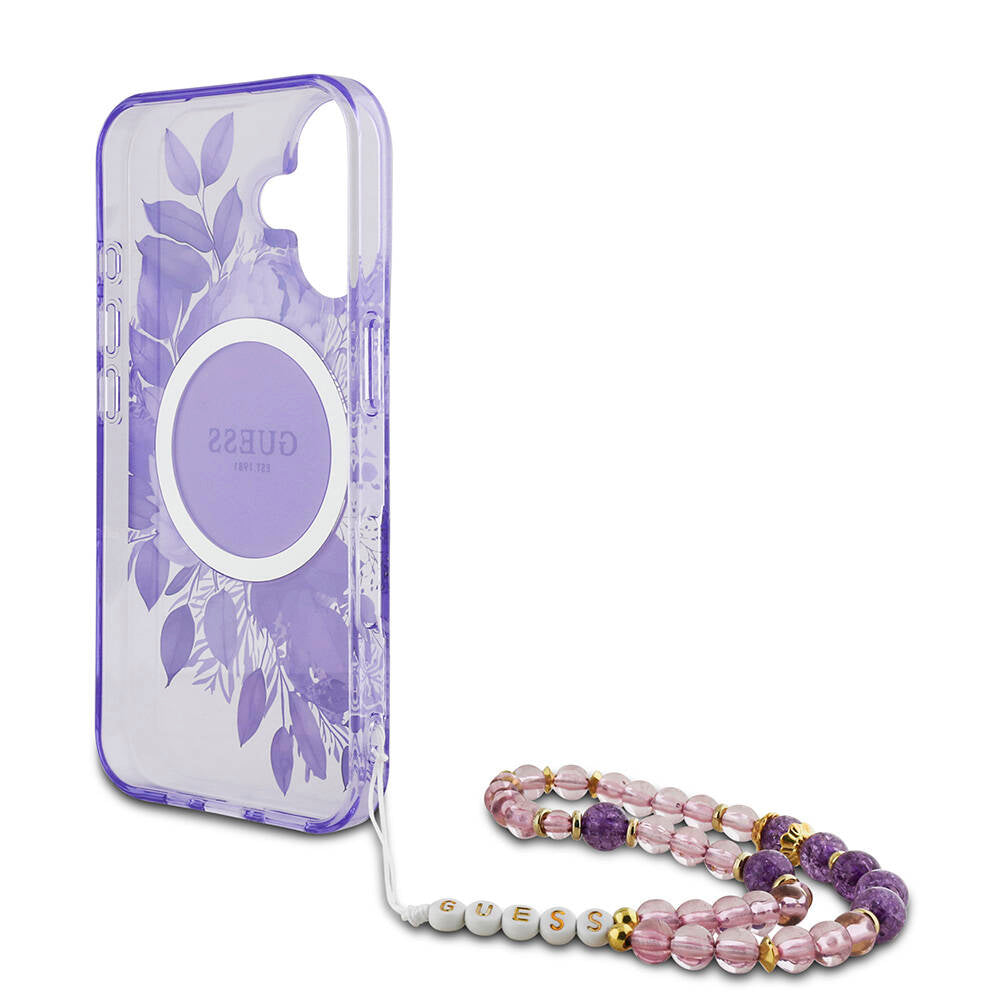 Apple iPhone 16 Kılıf Guess Orjinal Lisanslı Magsafe Şarj Özellikli IML Baskılı Çiçek İnci Bileklikli Kapak Mor