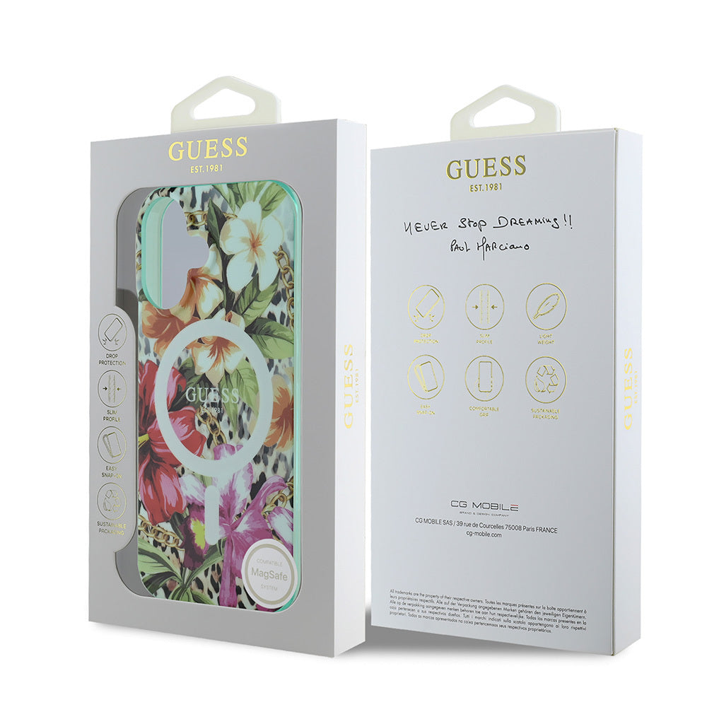 Apple iPhone 16 Kılıf Guess Orjinal Lisanslı Magsafe Şarj Özellikli IML Baskılı Jungle Ring Kapak Yeşil