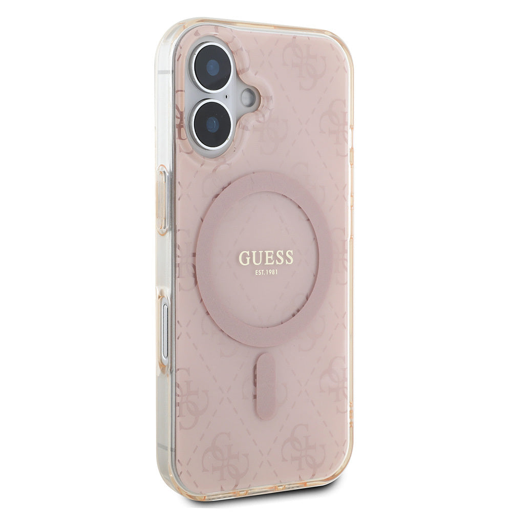Apple iPhone 16 Kılıf Guess Orjinal Lisanslı Magsafe Şarj Özellikli IML Baskılı Klasik Logolu 4G Desenli Kapak Pembe