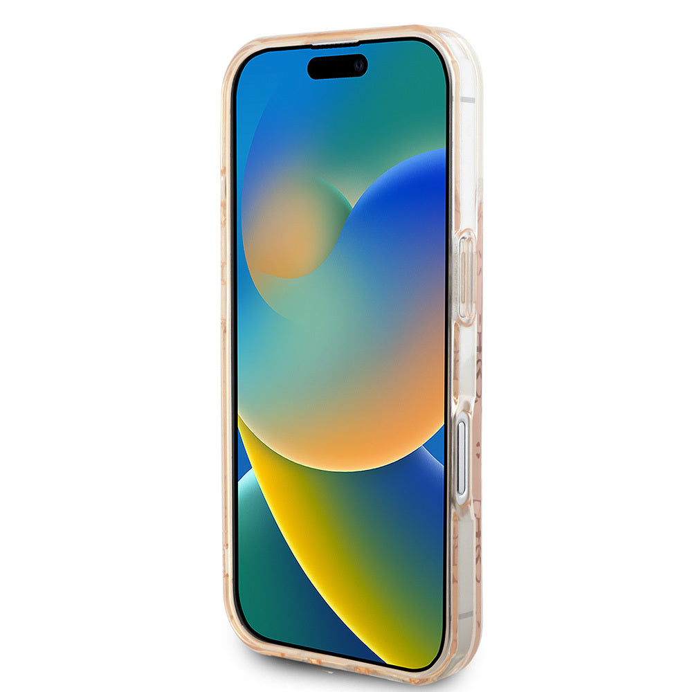 Apple iPhone 16 Kılıf Guess Orjinal Lisanslı Magsafe Şarj Özellikli IML Baskılı Klasik Logolu 4G Desenli Kapak Pembe