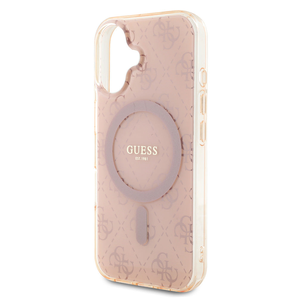 Apple iPhone 16 Kılıf Guess Orjinal Lisanslı Magsafe Şarj Özellikli IML Baskılı Klasik Logolu 4G Desenli Kapak Pembe