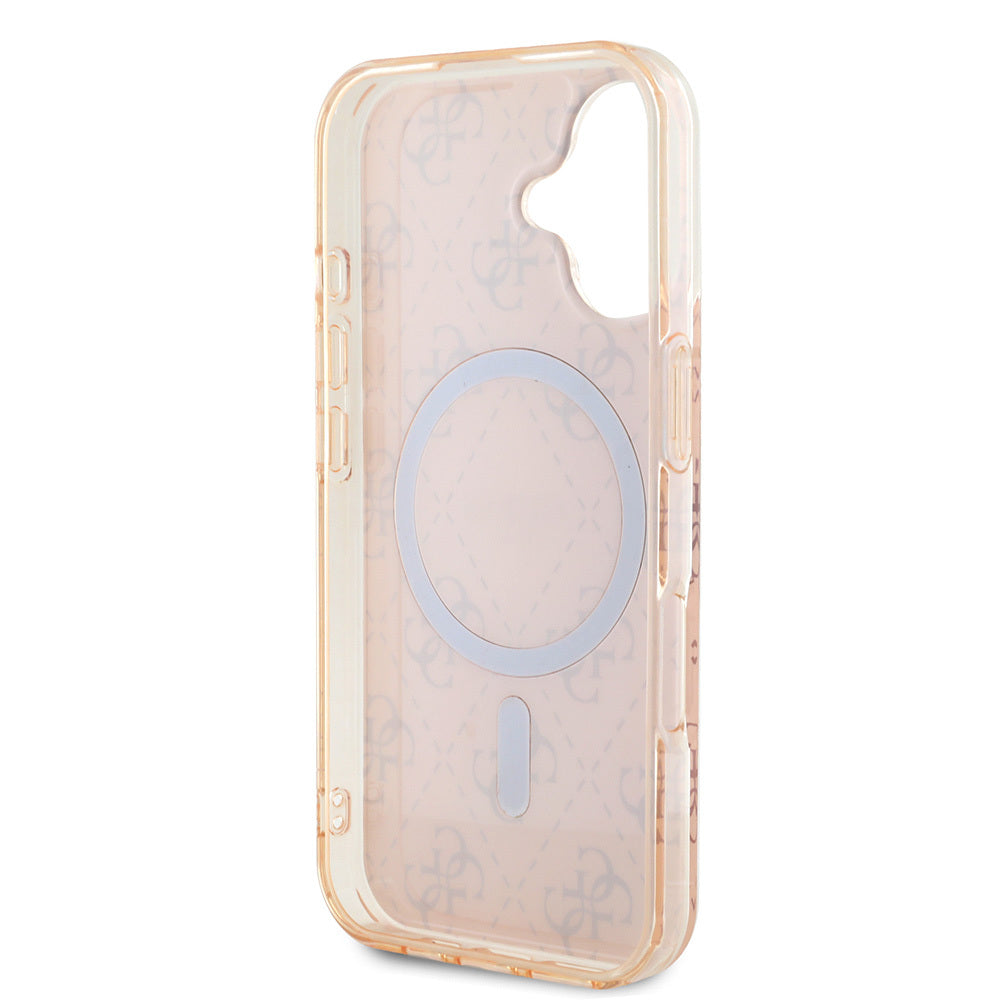 Apple iPhone 16 Kılıf Guess Orjinal Lisanslı Magsafe Şarj Özellikli IML Baskılı Klasik Logolu 4G Desenli Kapak Kahverengi