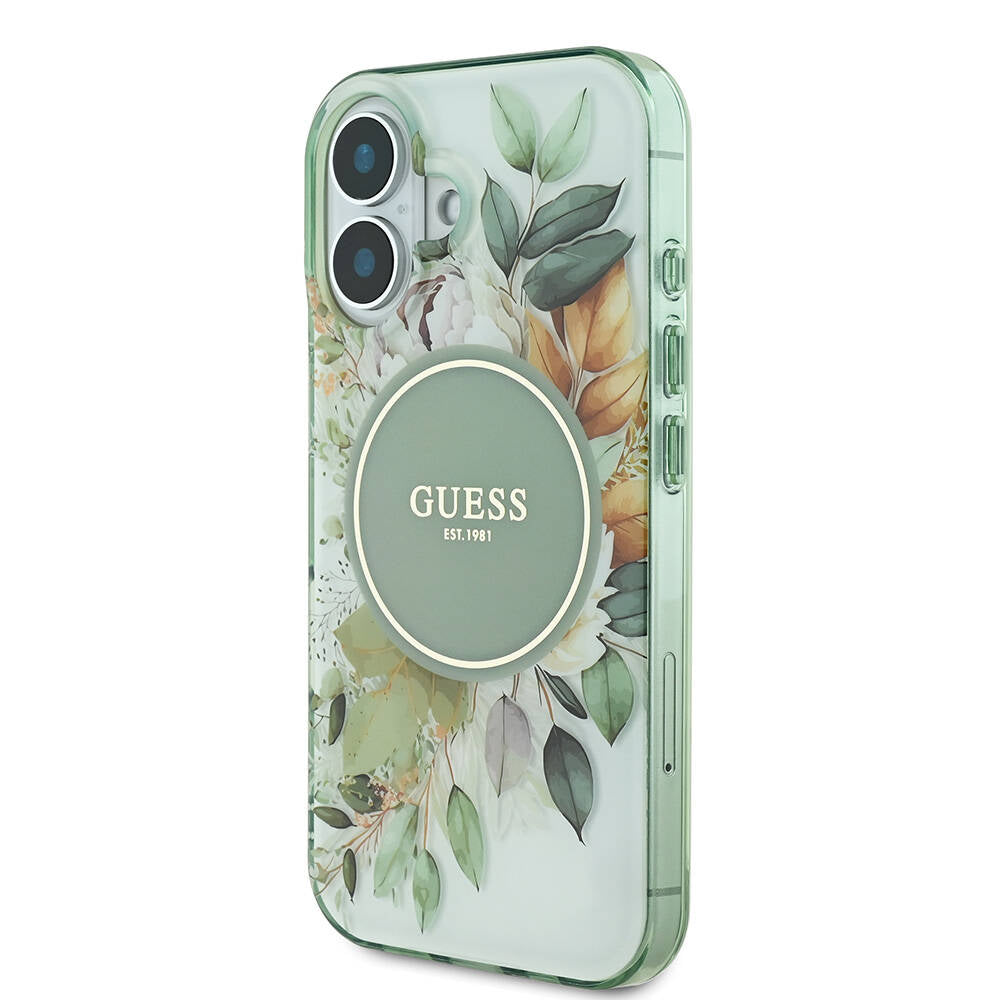 Apple iPhone 16 Kılıf Guess Orjinal Lisanslı Magsafe Şarj Özellikli IML Baskılı Yazı Logolu Flower Tonal Circle Kapak Pembe
