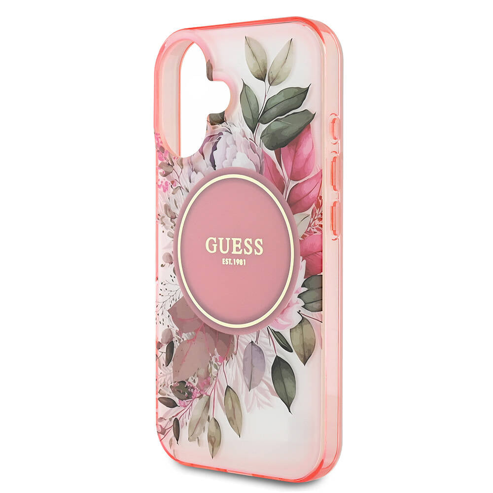 Apple iPhone 16 Kılıf Guess Orjinal Lisanslı Magsafe Şarj Özellikli IML Baskılı Yazı Logolu Flower Tonal Circle Kapak Yeşil