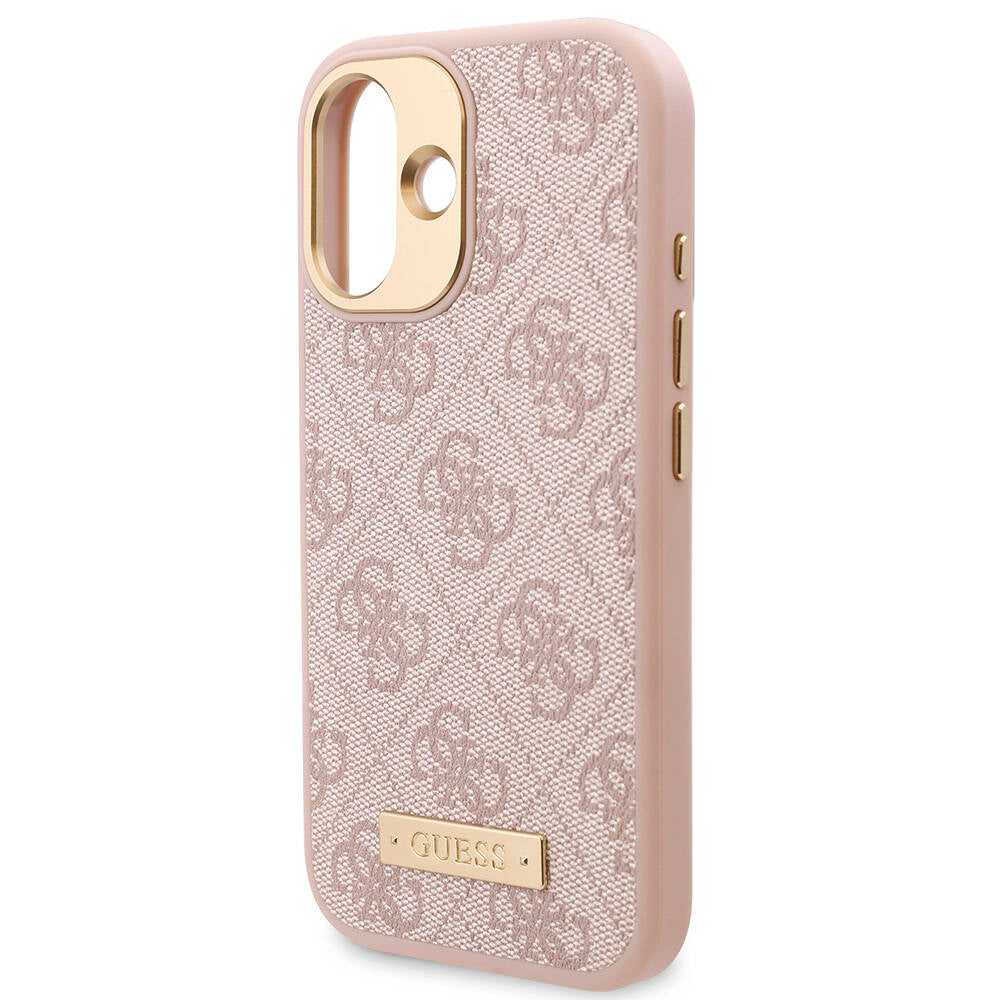 Apple iPhone 16 Kılıf Guess Orjinal Lisanslı Magsafe Şarj Özellikli PU 4G Desenli Metal Plaka Klasik Logolu Kapak Kahverengi