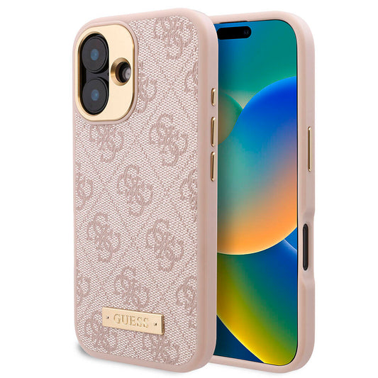 Apple iPhone 16 Kılıf Guess Orjinal Lisanslı Magsafe Şarj Özellikli PU 4G Desenli Metal Plaka Klasik Logolu Kapak Pembe