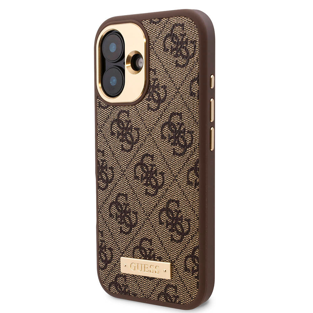 Apple iPhone 16 Kılıf Guess Orjinal Lisanslı Magsafe Şarj Özellikli PU 4G Desenli Metal Plaka Klasik Logolu Kapak Kahverengi
