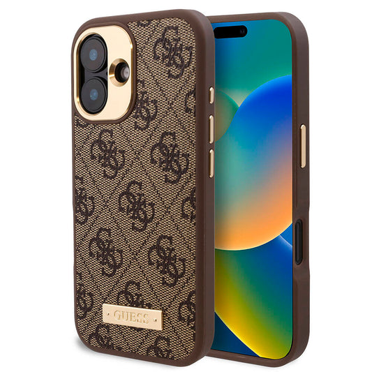 Apple iPhone 16 Kılıf Guess Orjinal Lisanslı Magsafe Şarj Özellikli PU 4G Desenli Metal Plaka Klasik Logolu Kapak Kahverengi