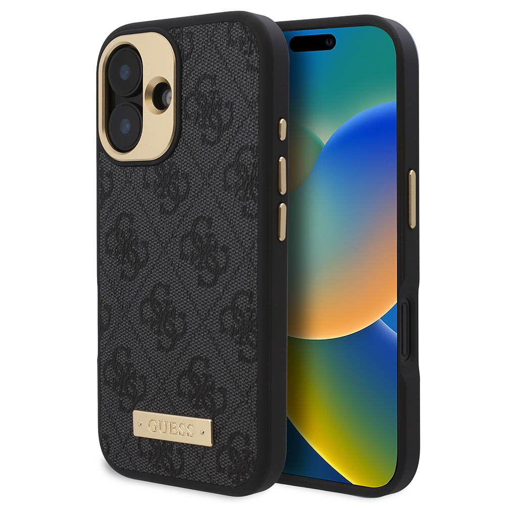 Apple iPhone 16 Kılıf Guess Orjinal Lisanslı Magsafe Şarj Özellikli PU 4G Desenli Metal Plaka Klasik Logolu Kapak Pembe