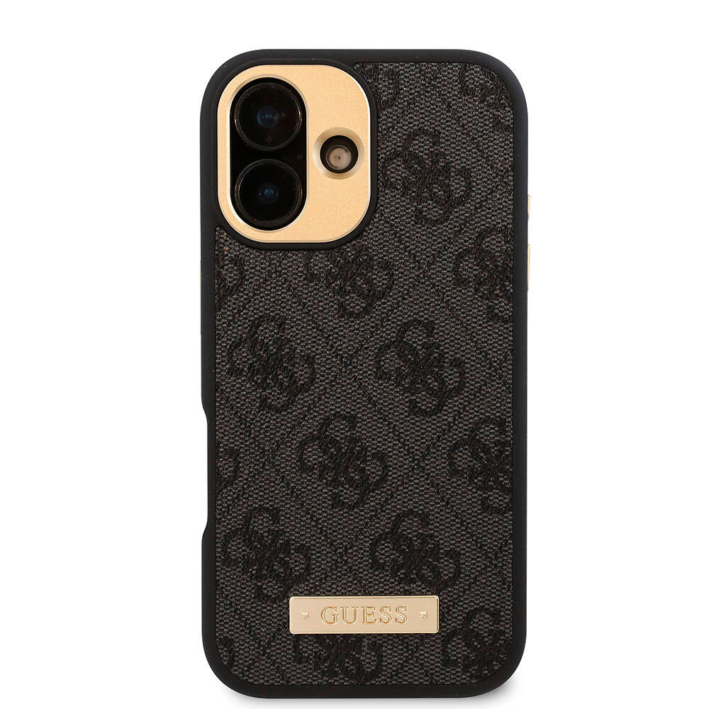 Apple iPhone 16 Kılıf Guess Orjinal Lisanslı Magsafe Şarj Özellikli PU 4G Desenli Metal Plaka Klasik Logolu Kapak Pembe