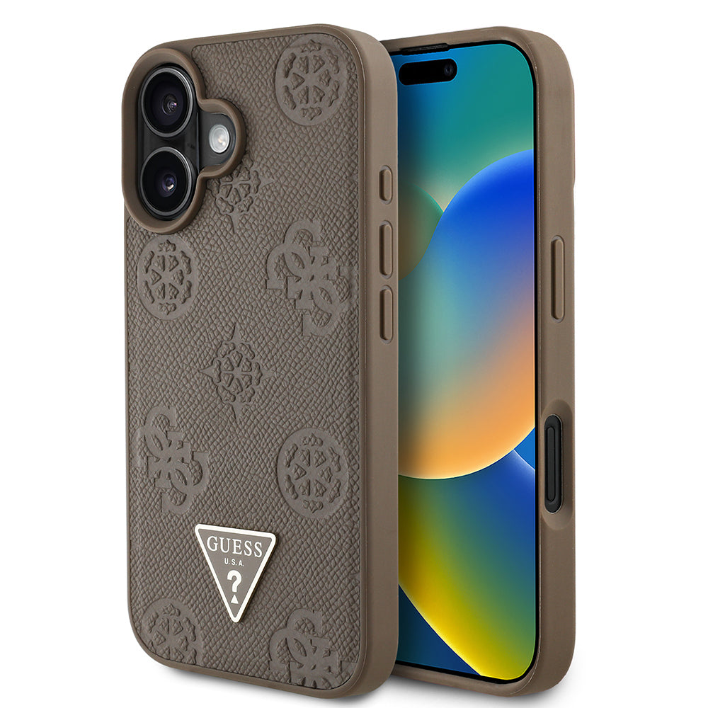 Apple iPhone 16 Kılıf Guess Orjinal Lisanslı M-safe Şarj Özellikli Sıcak Baskılı Üçgen Logolu PU Deri Peony Kapak Kahverengi