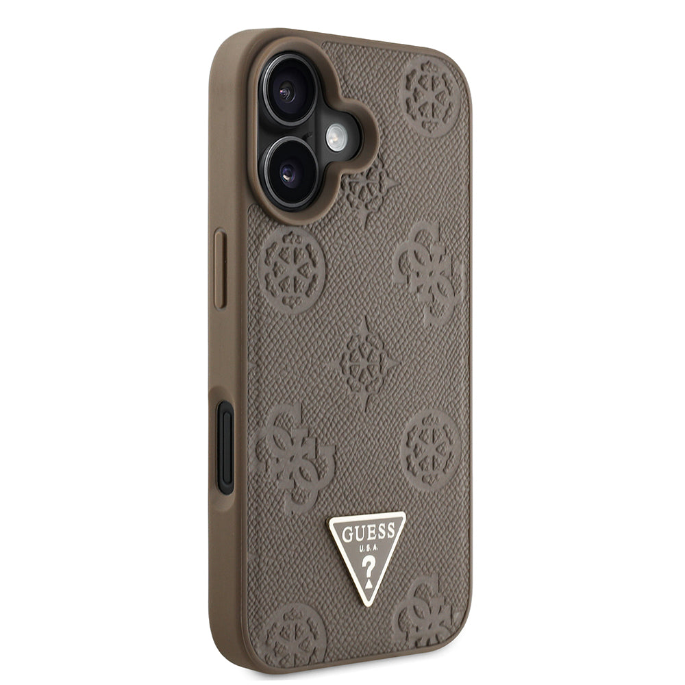 Apple iPhone 16 Kılıf Guess Orjinal Lisanslı M-safe Şarj Özellikli Sıcak Baskılı Üçgen Logolu PU Deri Peony Kapak Kahverengi