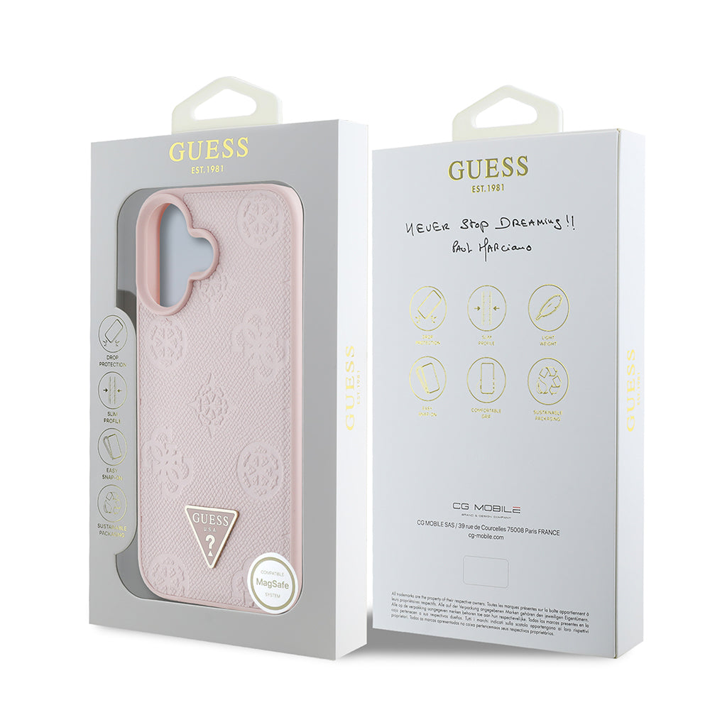 Apple iPhone 16 Kılıf Guess Orjinal Lisanslı M-safe Şarj Özellikli Sıcak Baskılı Üçgen Logolu PU Deri Peony Kapak Kahverengi