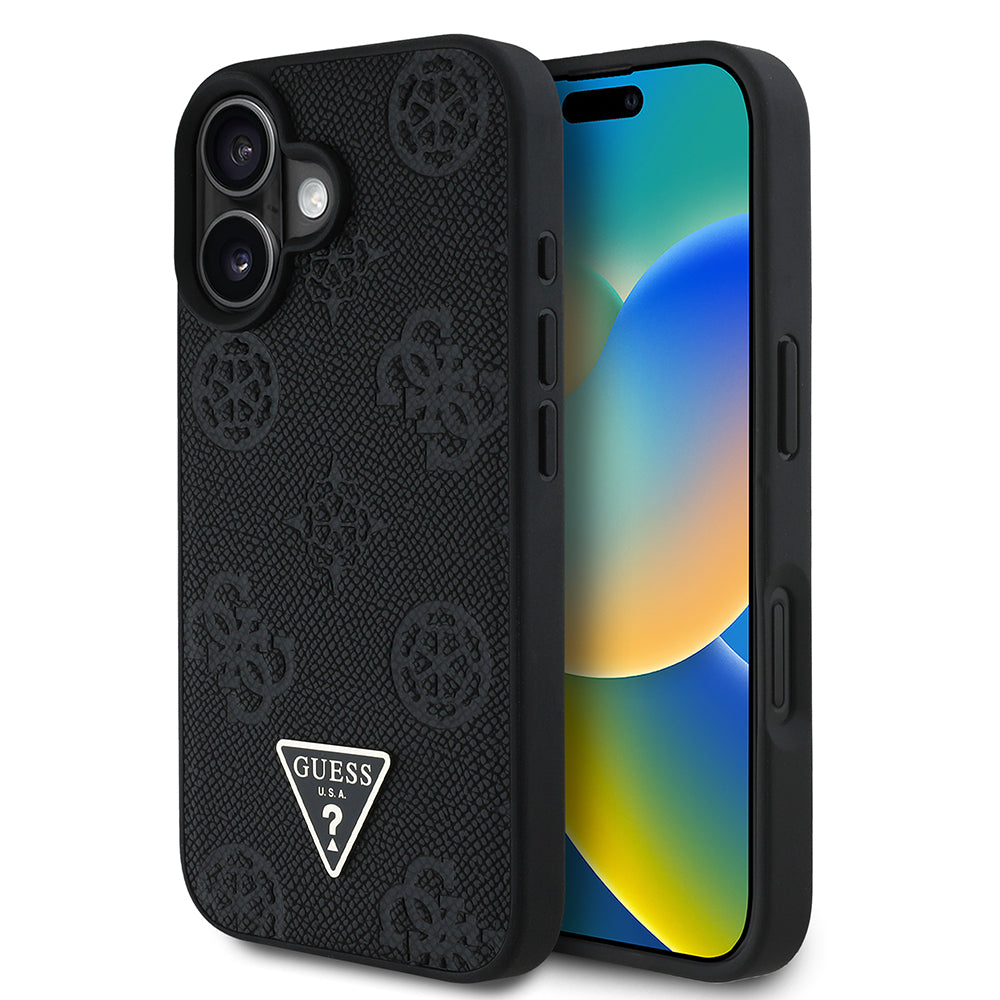 Apple iPhone 16 Kılıf Guess Orjinal Lisanslı M-safe Şarj Özellikli Sıcak Baskılı Üçgen Logolu PU Deri Peony Kapak Kahverengi