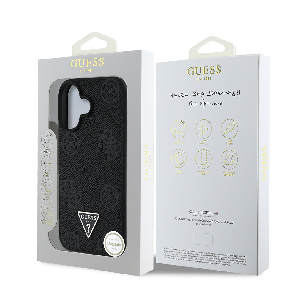 Apple iPhone 16 Kılıf Guess Orjinal Lisanslı M-safe Şarj Özellikli Sıcak Baskılı Üçgen Logolu PU Deri Peony Kapak Siyah