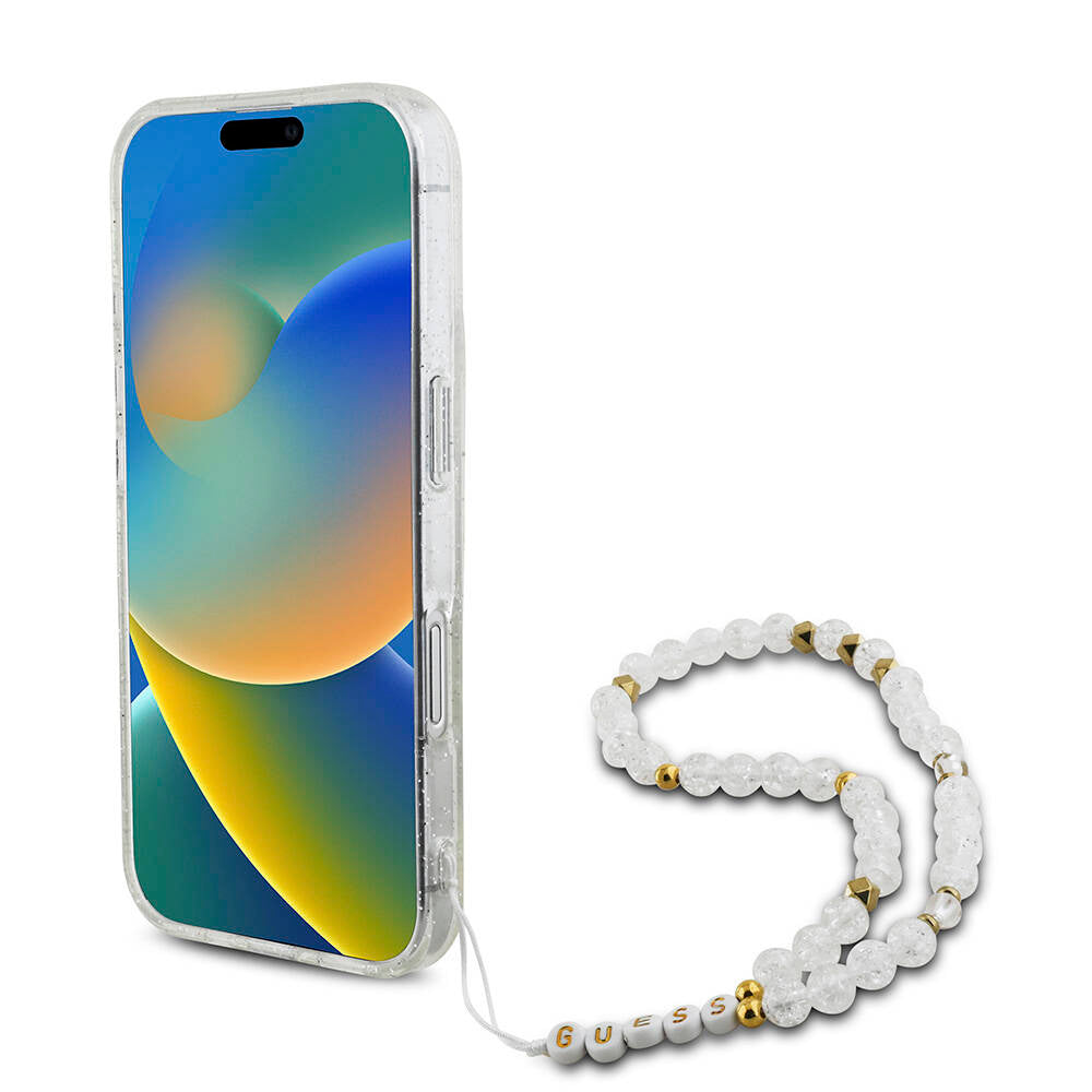 Apple iPhone 16 Kılıf Guess Orjinal Lisanslı Magsafe Şarj Özellikli Simli Silikon İnci Bileklikli Kapak Pembe