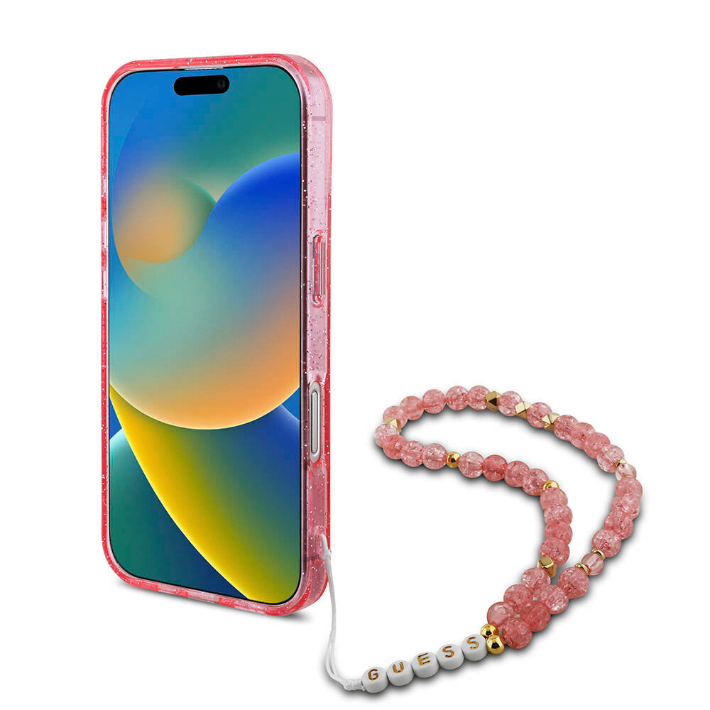 Apple iPhone 16 Kılıf Guess Orjinal Lisanslı Magsafe Şarj Özellikli Simli Silikon İnci Bileklikli Kapak Siyah