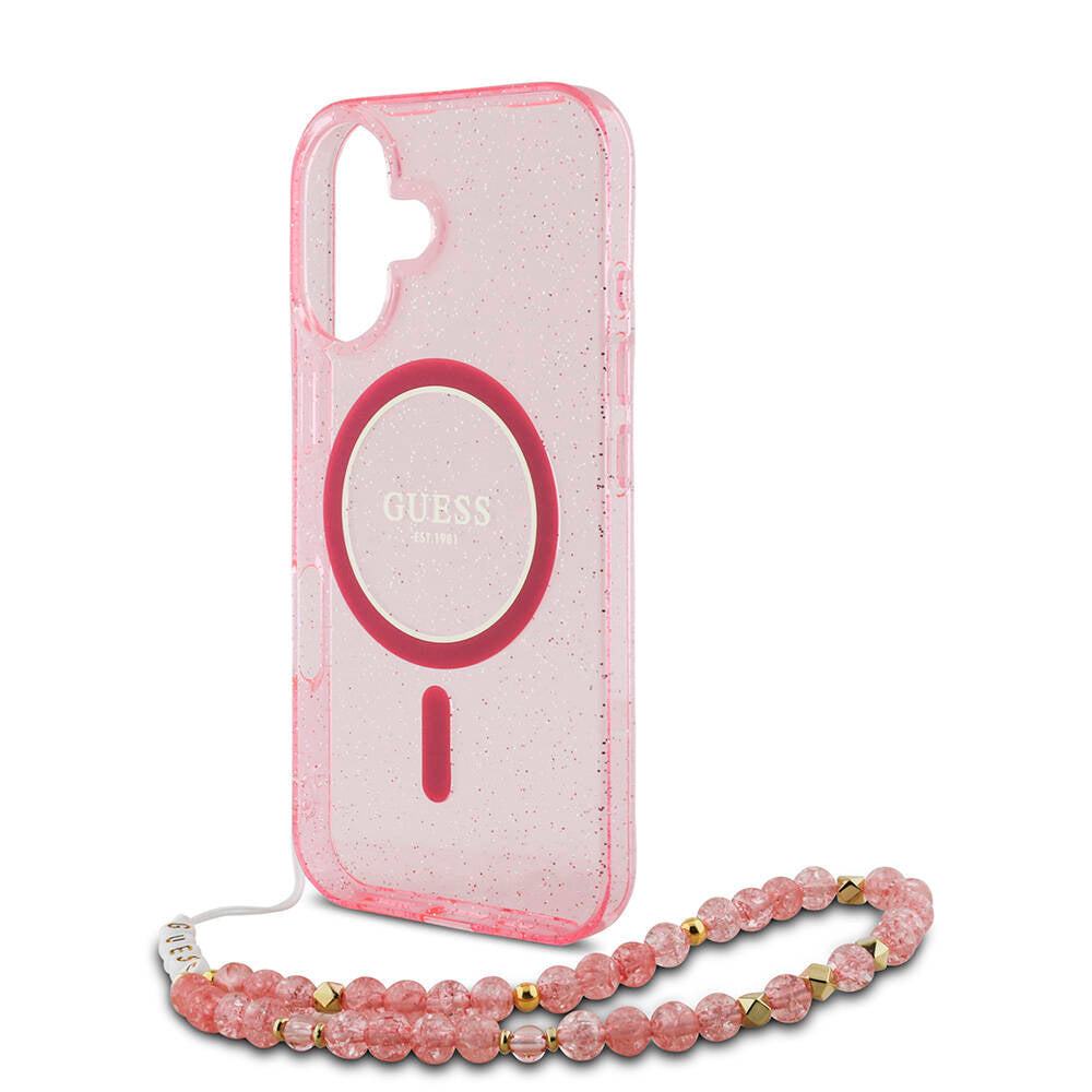Apple iPhone 16 Kılıf Guess Orjinal Lisanslı Magsafe Şarj Özellikli Simli Silikon İnci Bileklikli Kapak Şeffaf