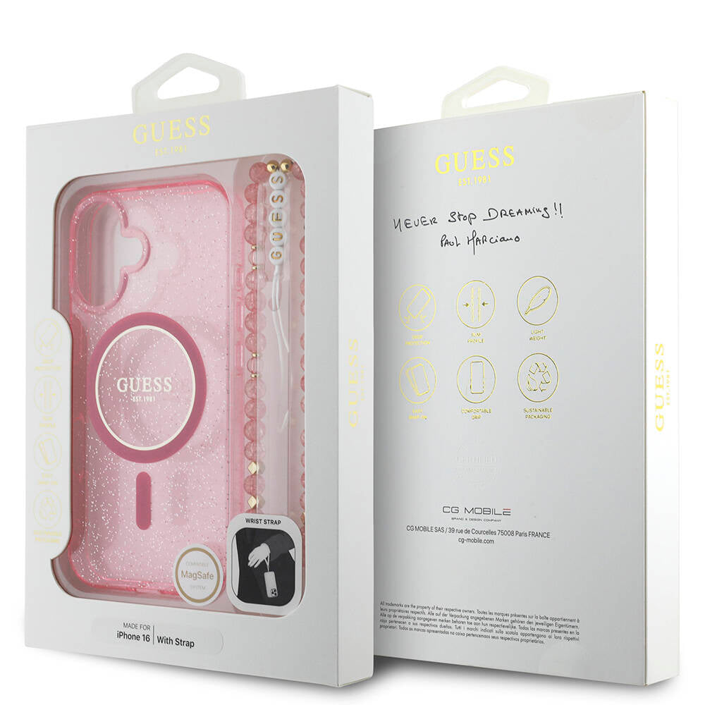 Apple iPhone 16 Kılıf Guess Orjinal Lisanslı Magsafe Şarj Özellikli Simli Silikon İnci Bileklikli Kapak Şeffaf