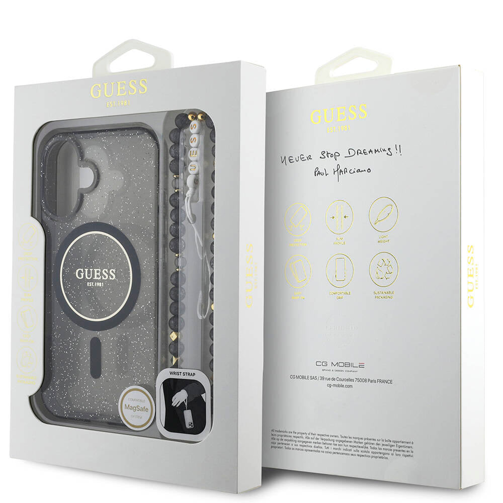 Apple iPhone 16 Kılıf Guess Orjinal Lisanslı Magsafe Şarj Özellikli Simli Silikon İnci Bileklikli Kapak Şeffaf