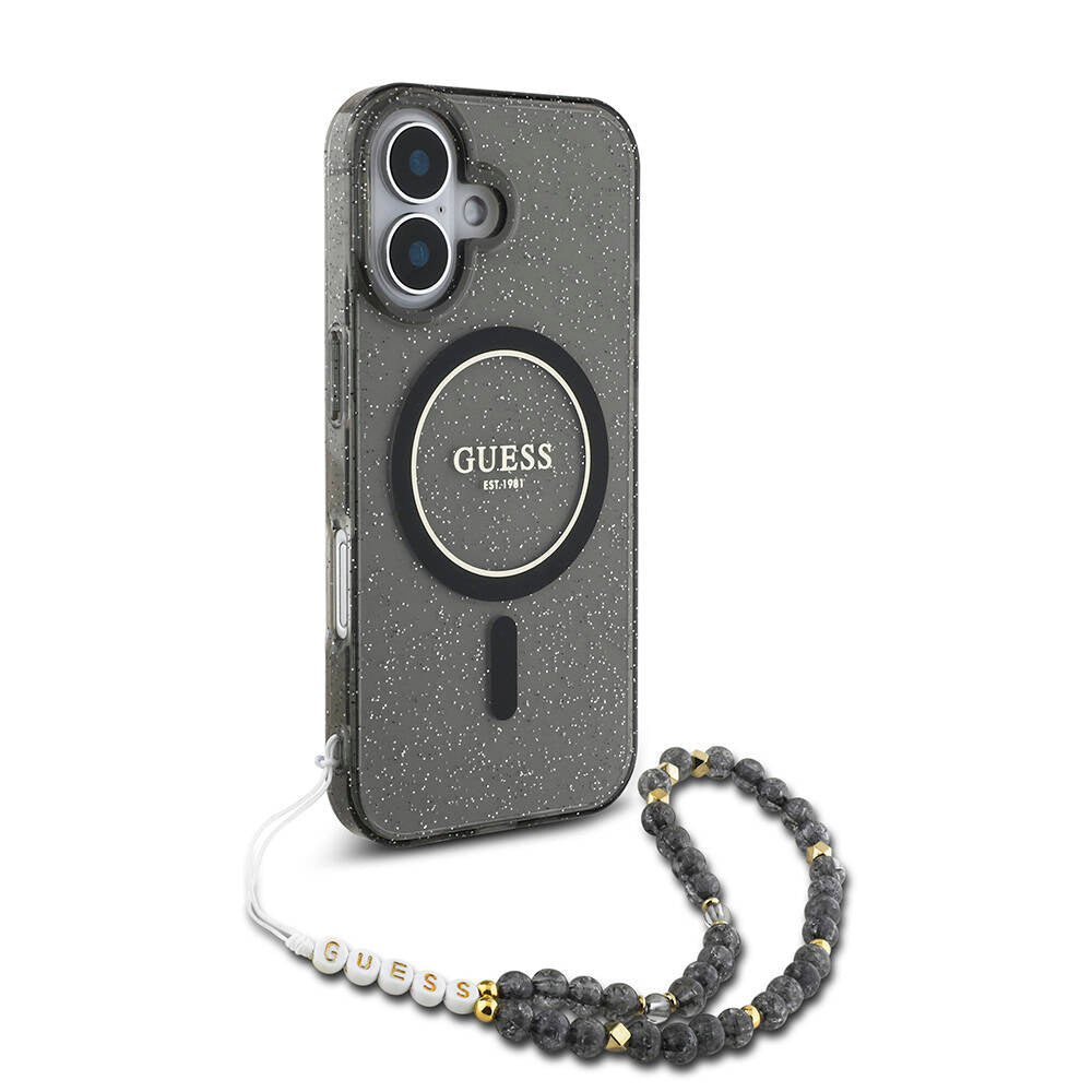 Apple iPhone 16 Kılıf Guess Orjinal Lisanslı Magsafe Şarj Özellikli Simli Silikon İnci Bileklikli Kapak Şeffaf