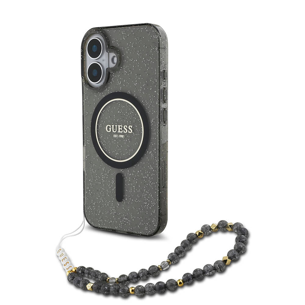 Apple iPhone 16 Kılıf Guess Orjinal Lisanslı Magsafe Şarj Özellikli Simli Silikon İnci Bileklikli Kapak Siyah