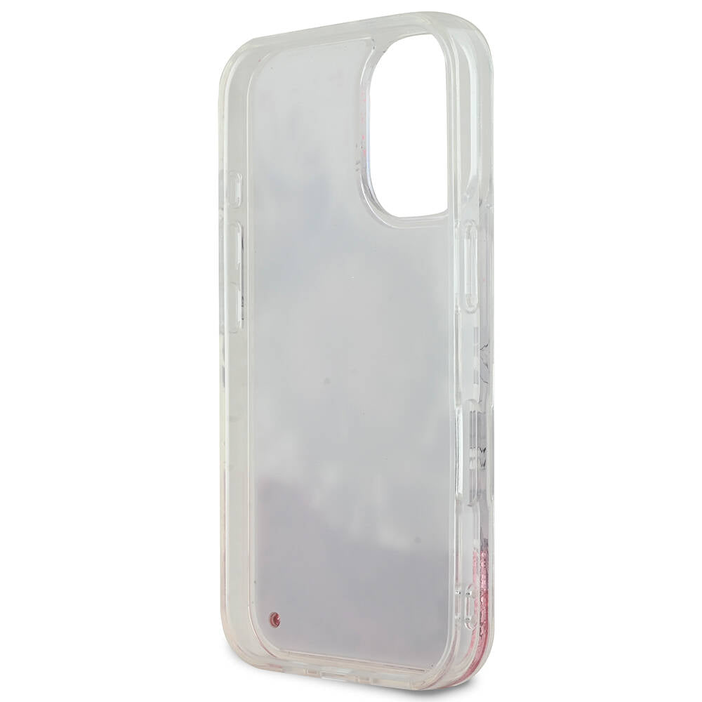 Apple iPhone 16 Kılıf Guess Orjinal Lisanslı Magsafe Şarj Özellikli Sıvılı Simli Çiçek Desenli Kapak Pembe