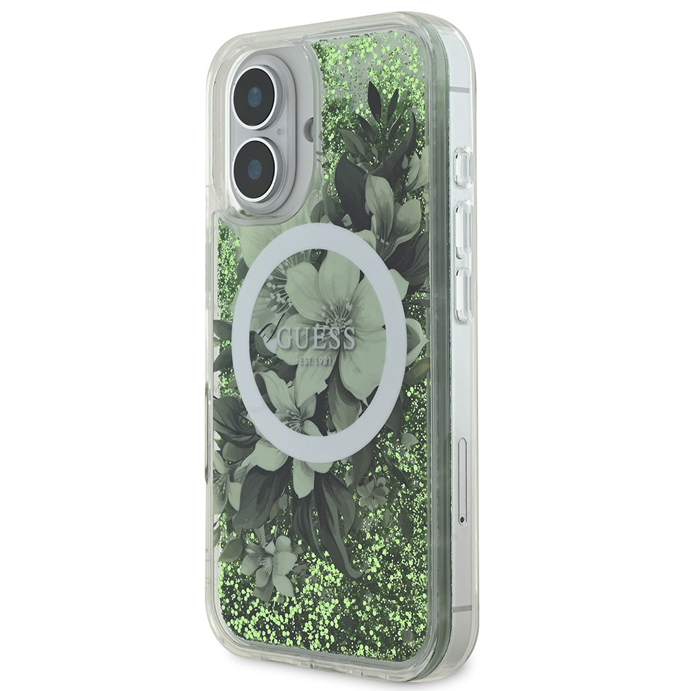 Apple iPhone 16 Kılıf Guess Orjinal Lisanslı Magsafe Şarj Özellikli Sıvılı Simli Çiçek Desenli Kapak Bej