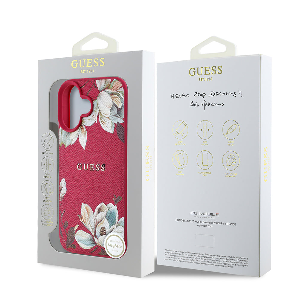 Apple iPhone 16 Kılıf Guess Orjinal Lisanslı M-safe Şarj Özellikli Taneli Çiçek Tasarımlı Metal Yazı Logolu Kapak Pembe