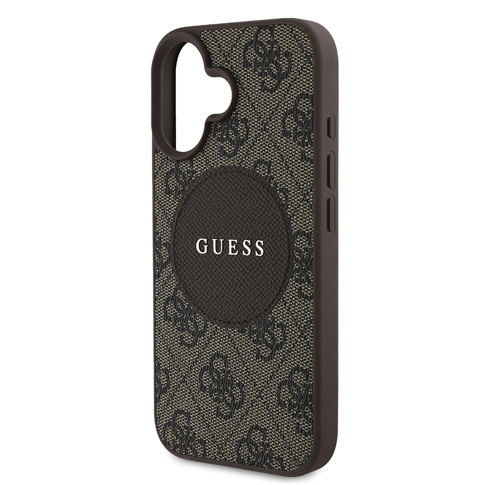 Apple iPhone 16 Kılıf Guess Orjinal Lisanslı M-safe Şarj Özellikli Yazı Logolu Circle Classic Kapak Kahverengi