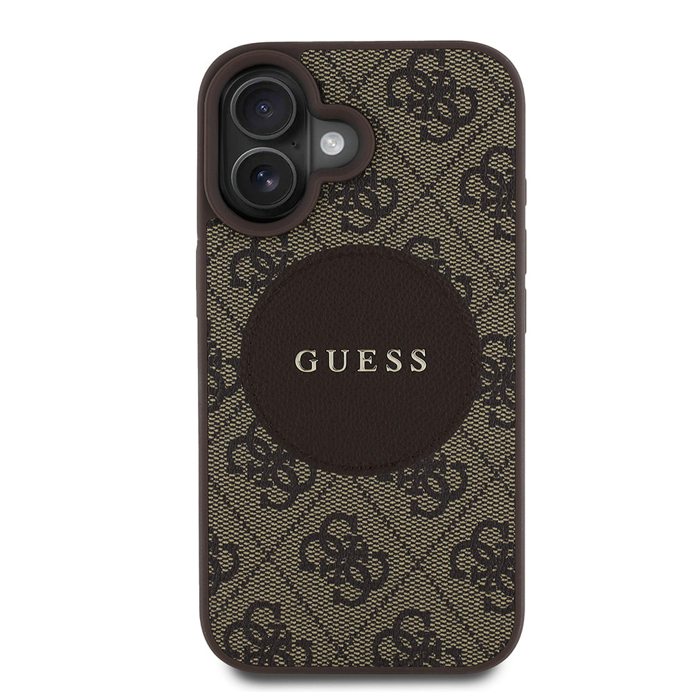 Apple iPhone 16 Kılıf Guess Orjinal Lisanslı M-safe Şarj Özellikli Yazı Logolu Circle Classic Kapak Kahverengi