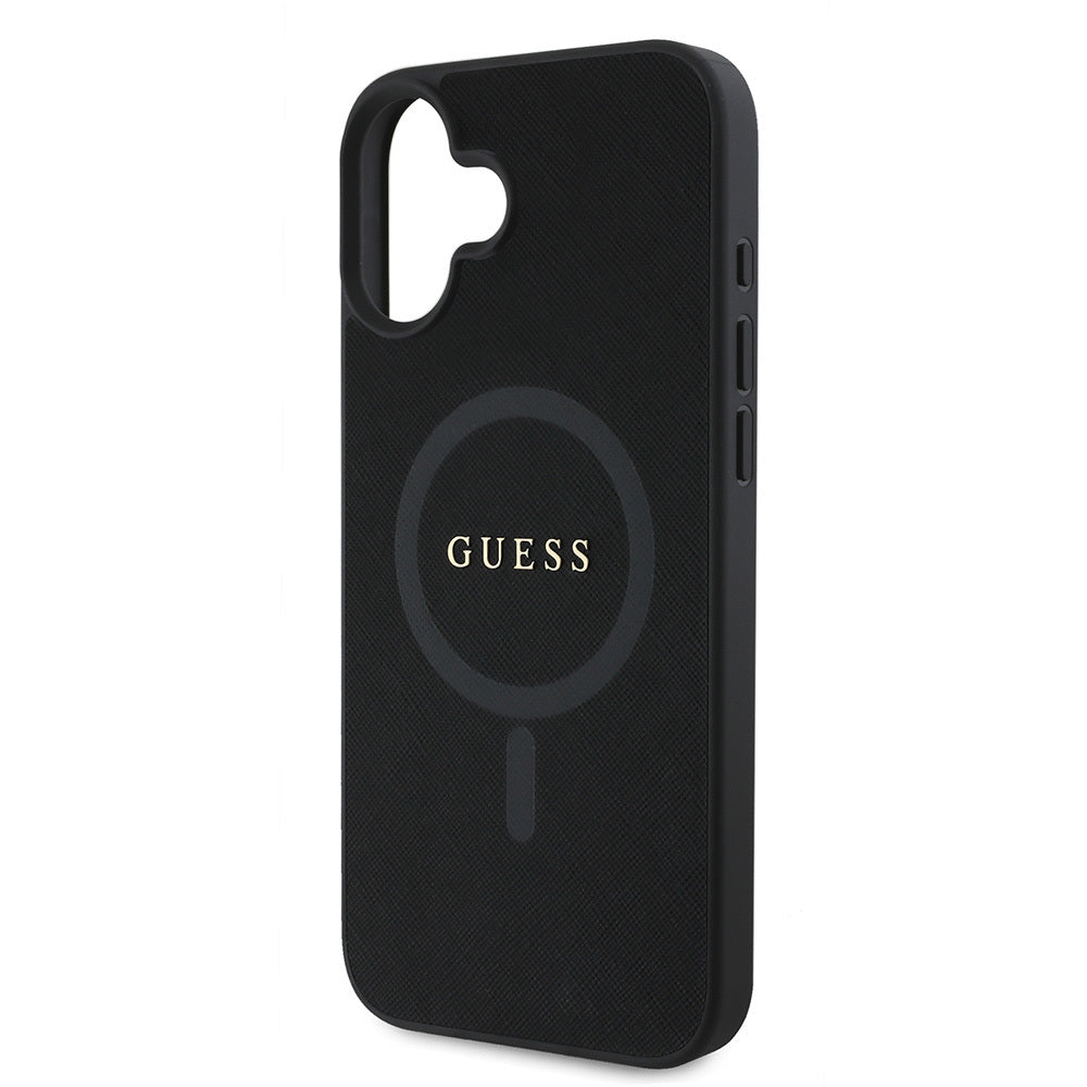Apple iPhone 16 Kılıf Guess Orjinal Lisanslı Magsafe Şarj Özellikli Yazı Logolu Saffiano Classic Kapak Siyah