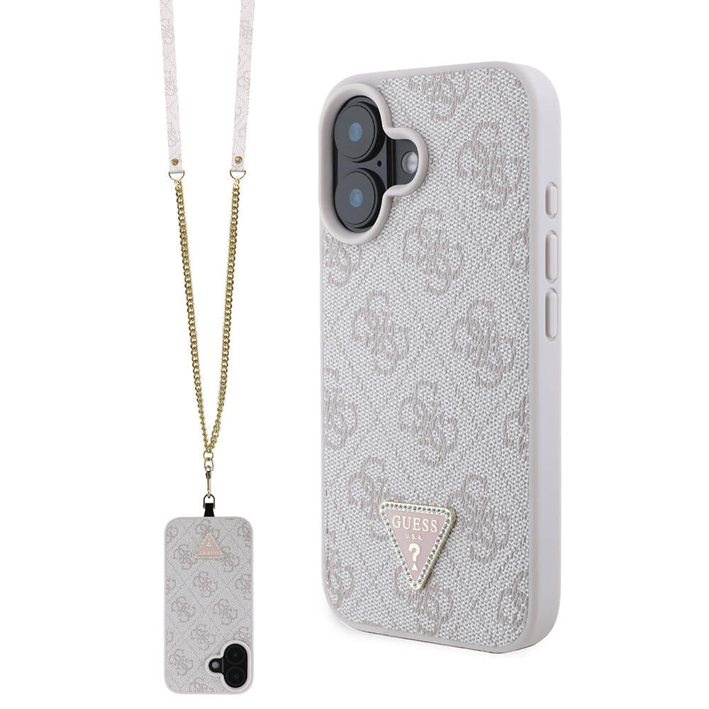 Apple iPhone 16 Kılıf Guess Orjinal Lisanslı PU Deri Taşlı Metal Üçgen Logolu Çapraz Vücut Askılı 4G Desenli Kapak Kahverengi