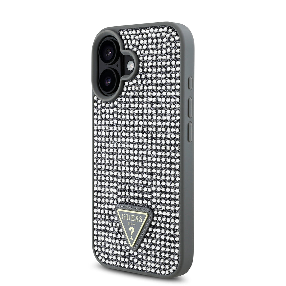 Apple iPhone 16 Kılıf Guess Orjinal Lisanslı Taşlı Arka Yüzey Üçgen Logolu Kapak Siyah