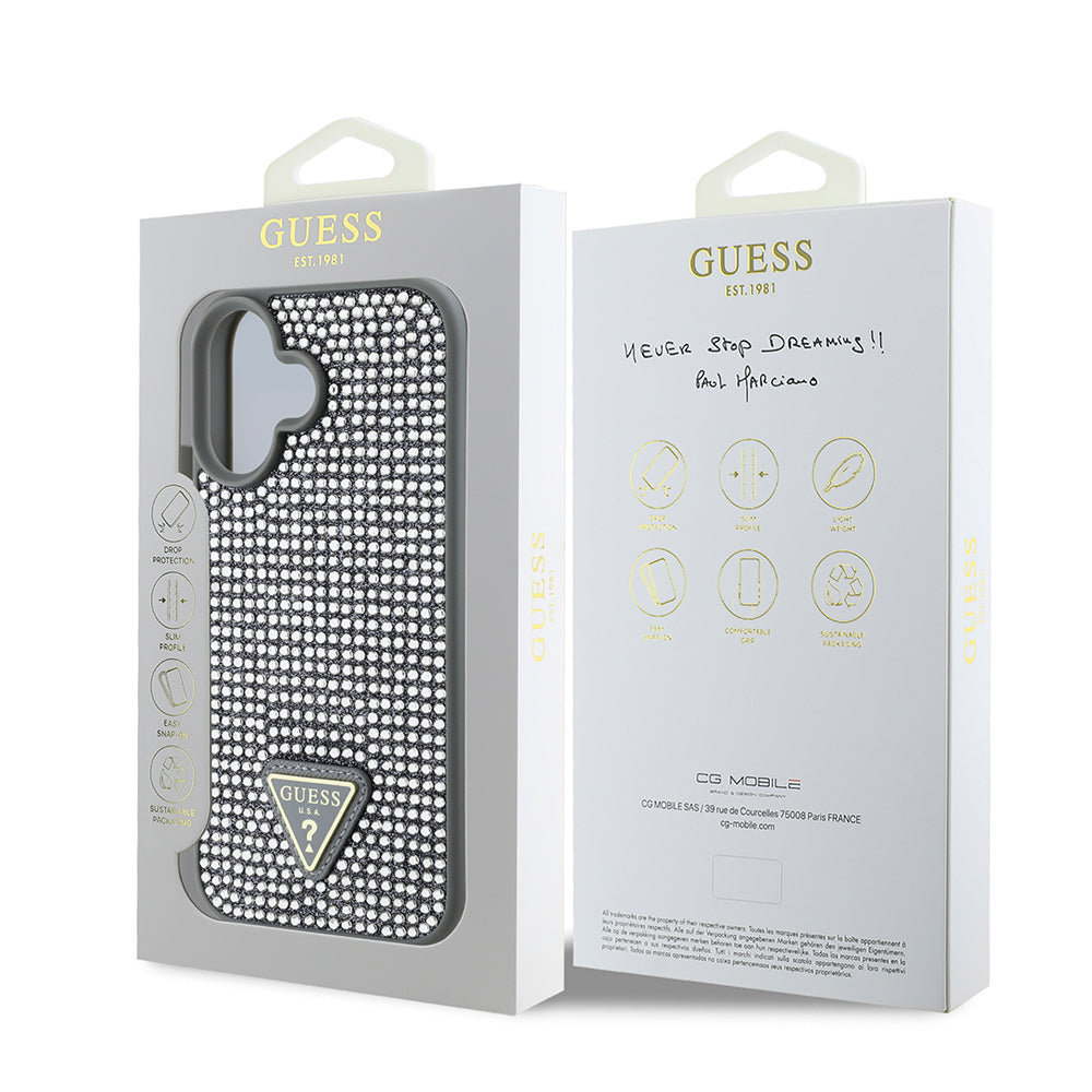 Apple iPhone 16 Kılıf Guess Orjinal Lisanslı Taşlı Arka Yüzey Üçgen Logolu Kapak Pembe