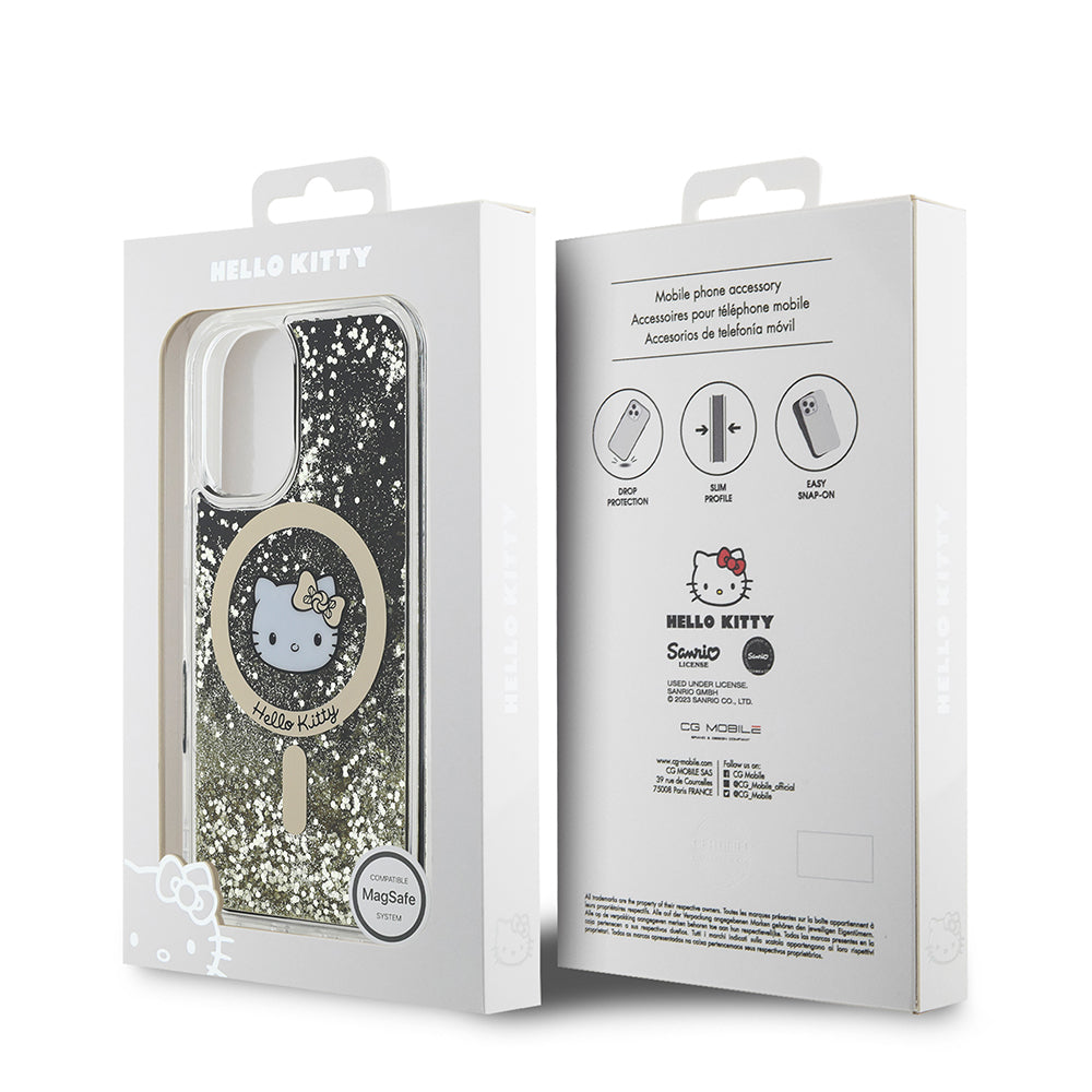 Apple iPhone 16 Kılıf Hello Kitty Orjinal Lisanslı Magsafe Şarj Özellikli IML Baskı Kitty Head Logolu Sıvılı Simli Altın Ateşi Kapak Siyah