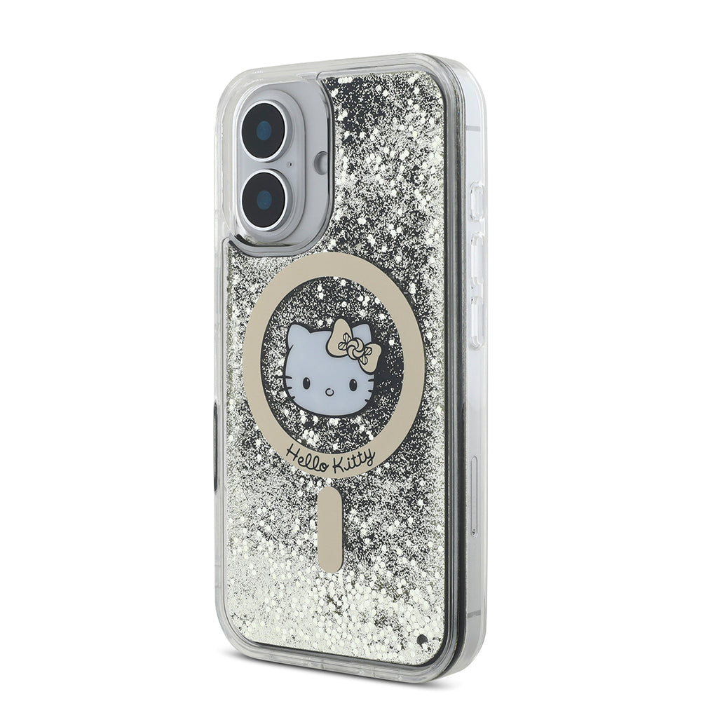 Apple iPhone 16 Kılıf Hello Kitty Orjinal Lisanslı Magsafe Şarj Özellikli IML Baskı Kitty Head Logolu Sıvılı Simli Altın Ateşi Kapak Siyah