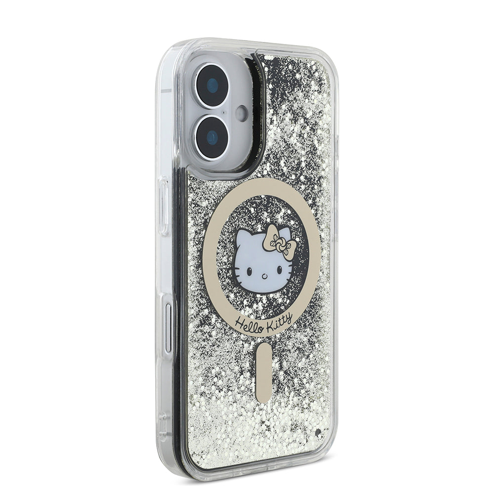 Apple iPhone 16 Kılıf Hello Kitty Orjinal Lisanslı Magsafe Şarj Özellikli IML Baskı Kitty Head Logolu Sıvılı Simli Altın Ateşi Kapak Siyah