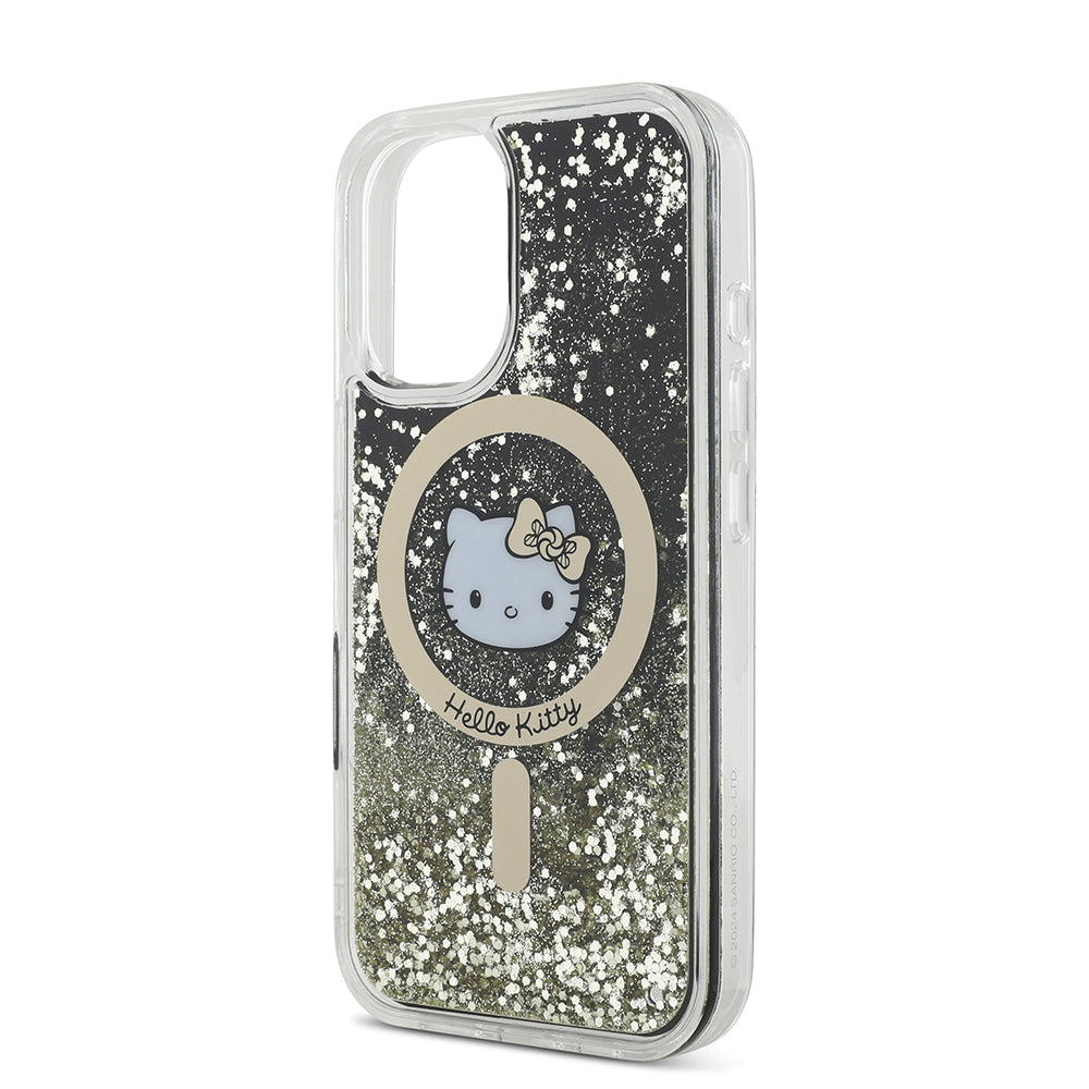 Apple iPhone 16 Kılıf Hello Kitty Orjinal Lisanslı Magsafe Şarj Özellikli IML Baskı Kitty Head Logolu Sıvılı Simli Altın Ateşi Kapak Siyah