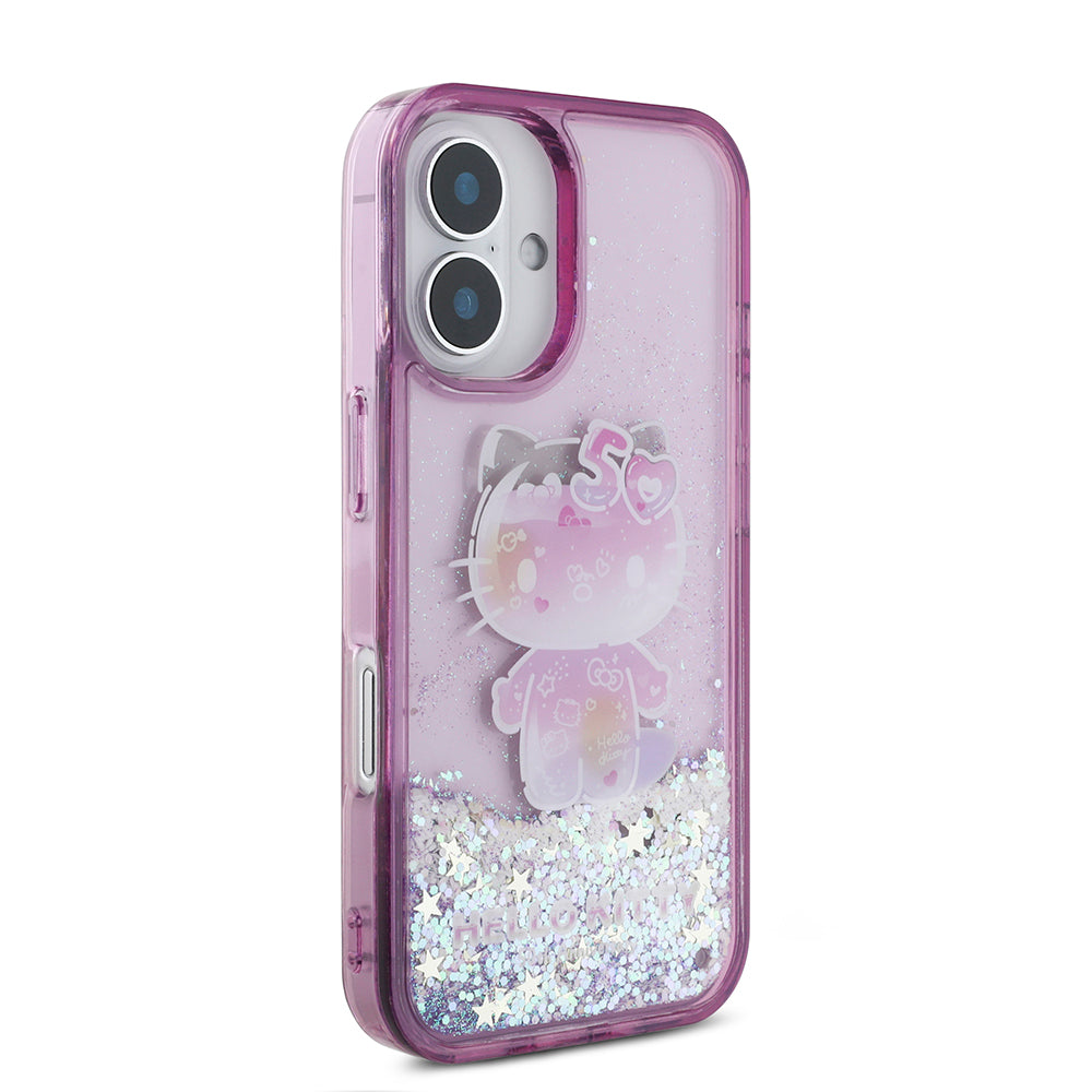 Apple iPhone 16 Kılıf Hello Kitty Orjinal Lisanslı Sıvılı Simli 50. Yıldönümü Partisi Kapak Mor