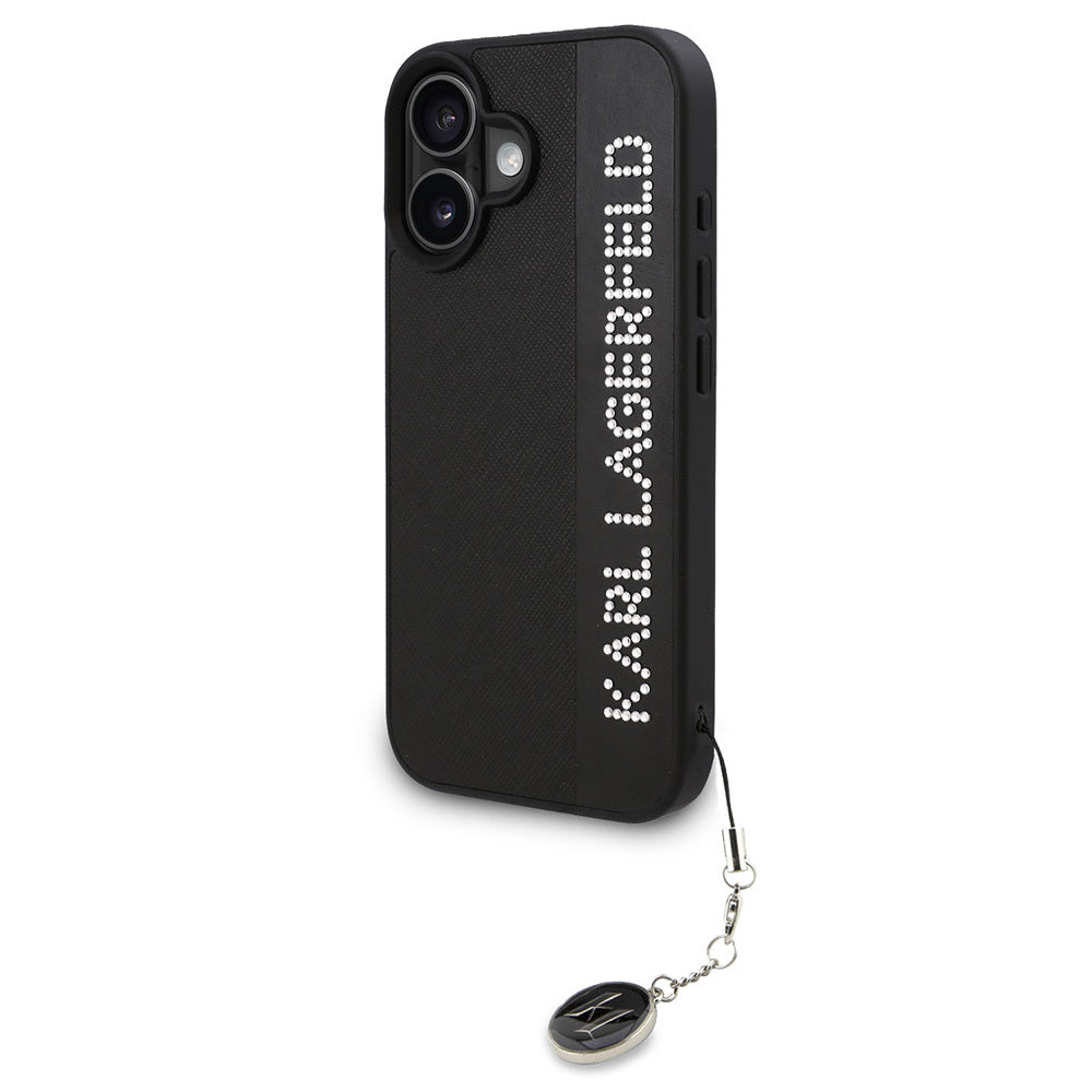 Apple iPhone 16 Kılıf Karl Lagerfeld Orjinal Lisanslı Anahtarlıklı Taşlı KL Yazılı Saffiano Rhinestones Kapak Siyah
