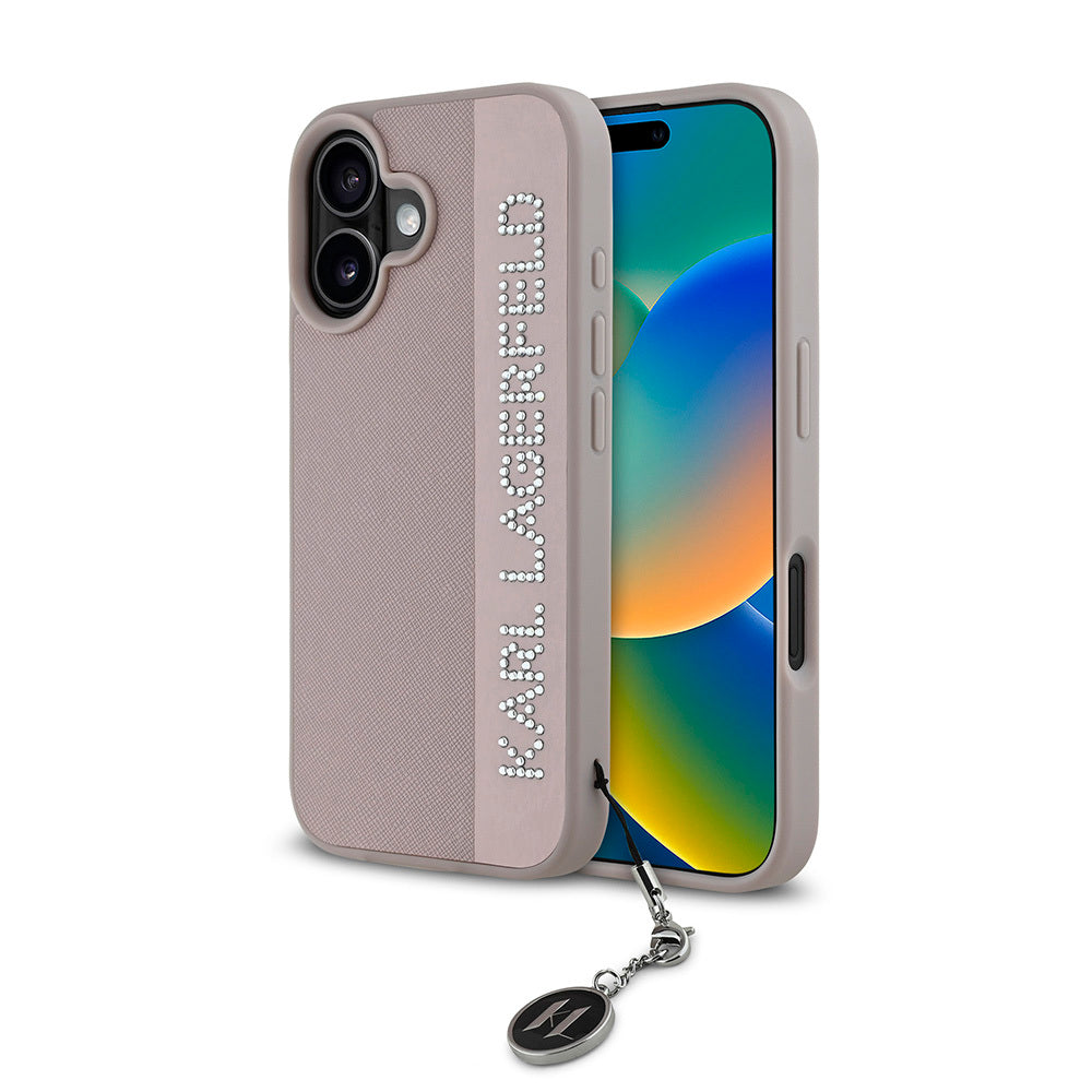 Apple iPhone 16 Kılıf Karl Lagerfeld Orjinal Lisanslı Anahtarlıklı Taşlı KL Yazılı Saffiano Rhinestones Kapak Siyah