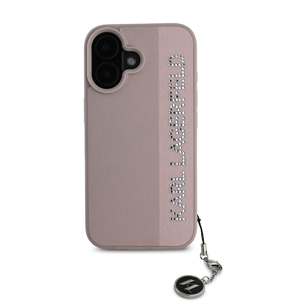 Apple iPhone 16 Kılıf Karl Lagerfeld Orjinal Lisanslı Anahtarlıklı Taşlı KL Yazılı Saffiano Rhinestones Kapak Pembe