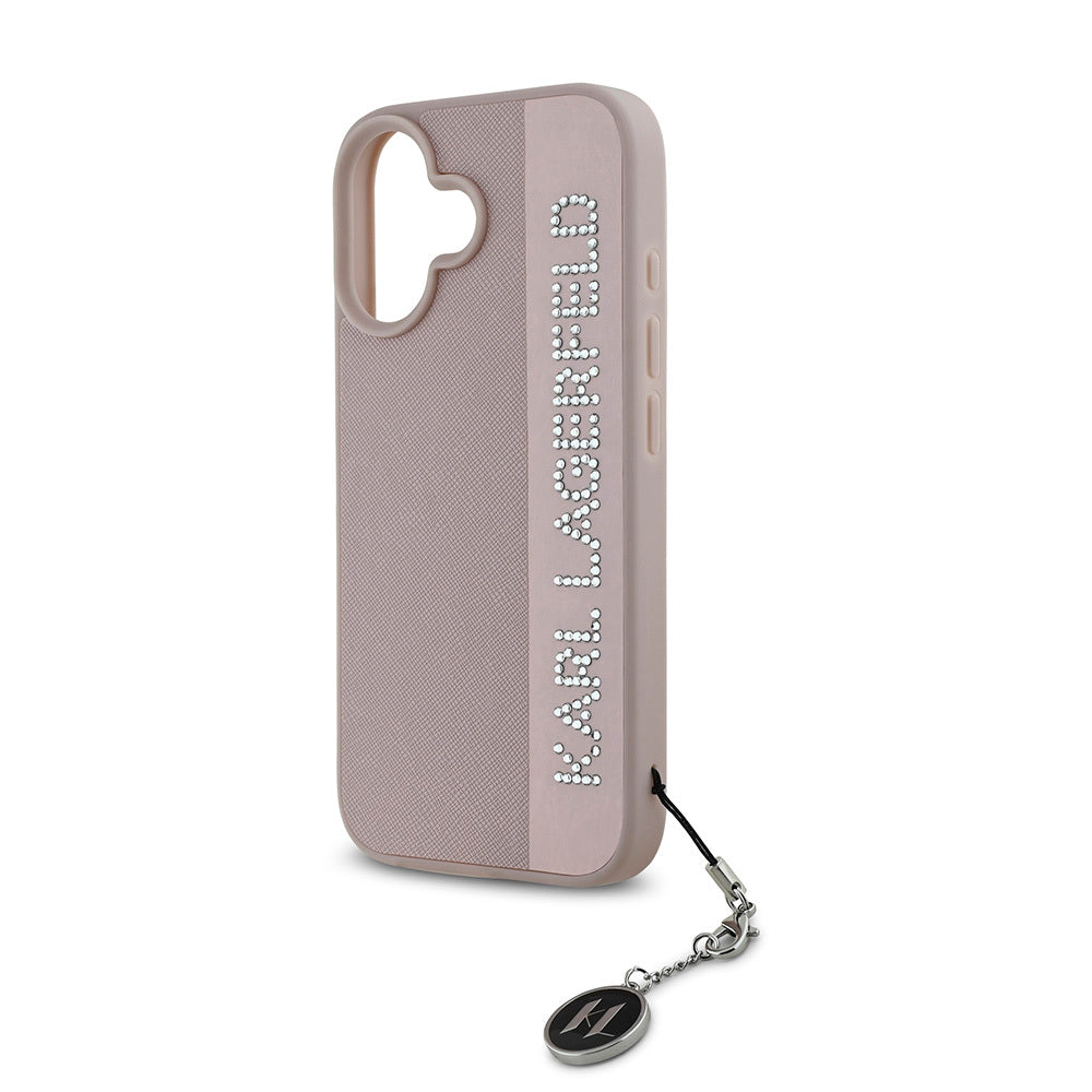 Apple iPhone 16 Kılıf Karl Lagerfeld Orjinal Lisanslı Anahtarlıklı Taşlı KL Yazılı Saffiano Rhinestones Kapak Pembe