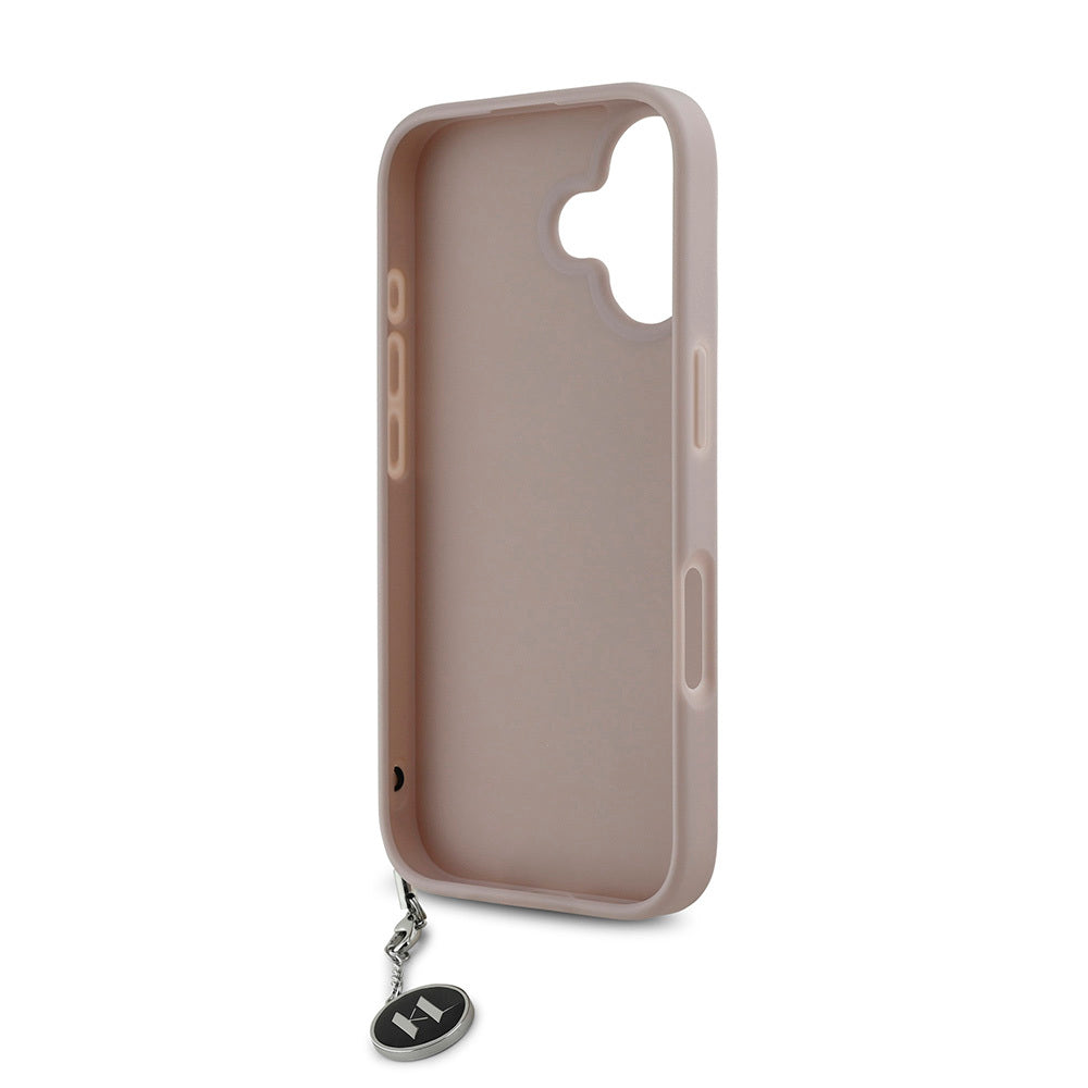 Apple iPhone 16 Kılıf Karl Lagerfeld Orjinal Lisanslı Anahtarlıklı Taşlı KL Yazılı Saffiano Rhinestones Kapak Pembe