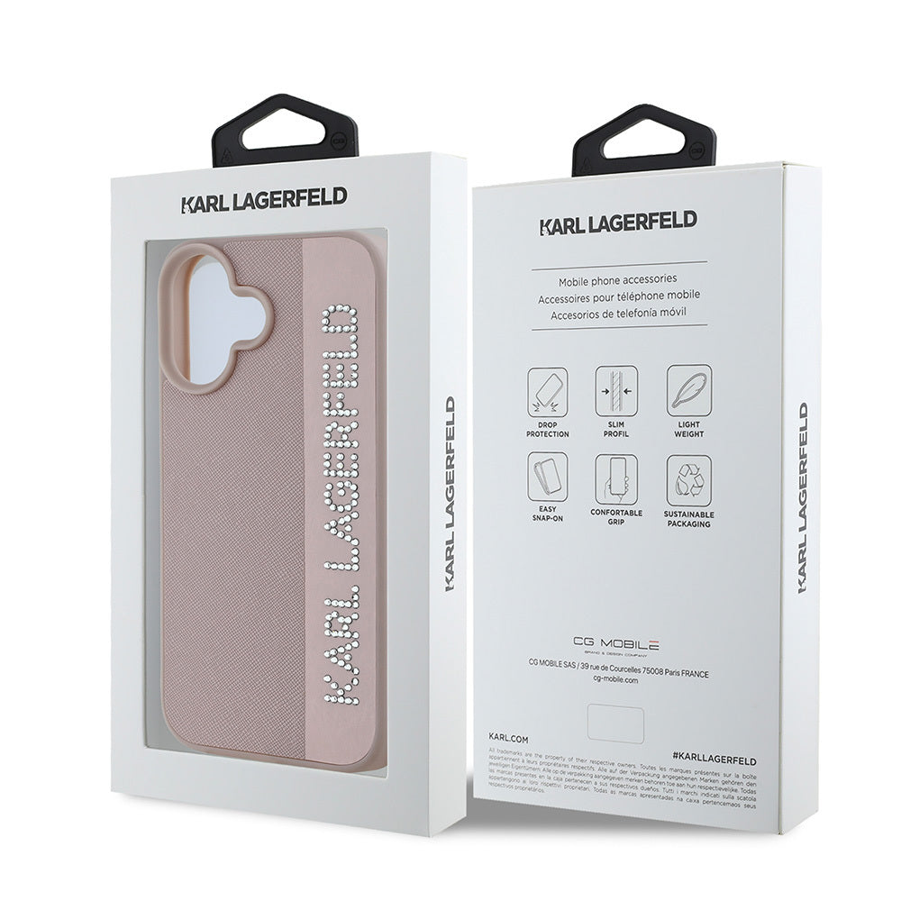 Apple iPhone 16 Kılıf Karl Lagerfeld Orjinal Lisanslı Anahtarlıklı Taşlı KL Yazılı Saffiano Rhinestones Kapak Siyah