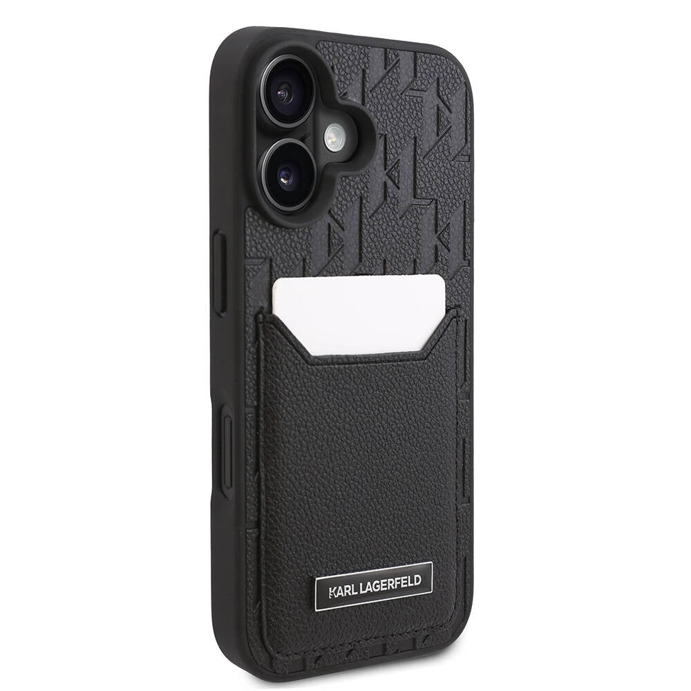 Apple iPhone 16 Kılıf Karl Lagerfeld Orjinal Lisanslı Kartlıklı Cardslot Monogram Kapak Siyah