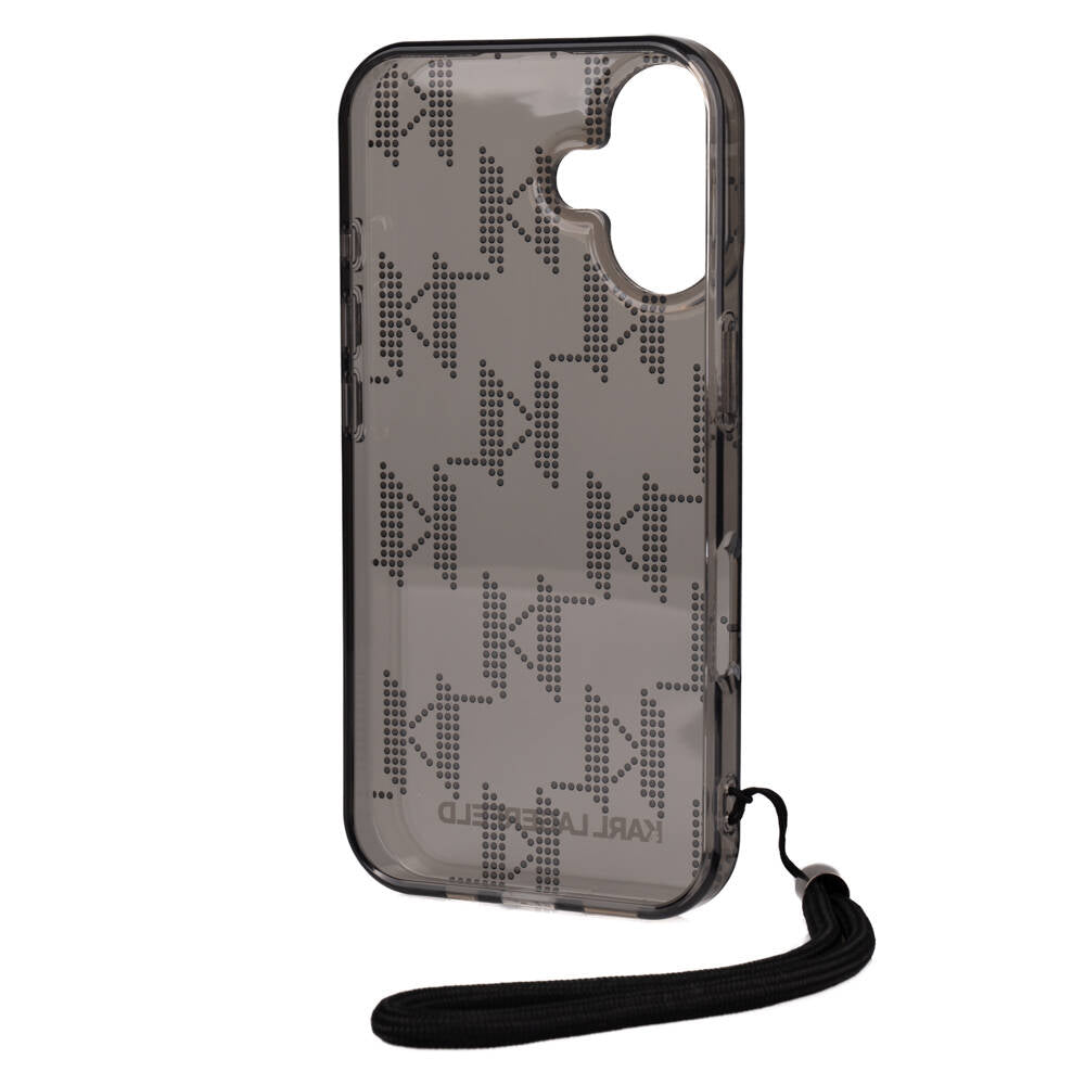 Apple iPhone 16 Kılıf Karl Lagerfeld Orjinal Lisanslı KL Desenli Saydam Bilek Askı İpli Klasik Logolu Kapak Siyah