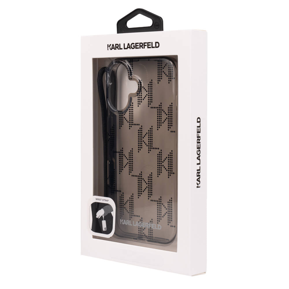 Apple iPhone 16 Kılıf Karl Lagerfeld Orjinal Lisanslı KL Desenli Saydam Bilek Askı İpli Klasik Logolu Kapak Siyah