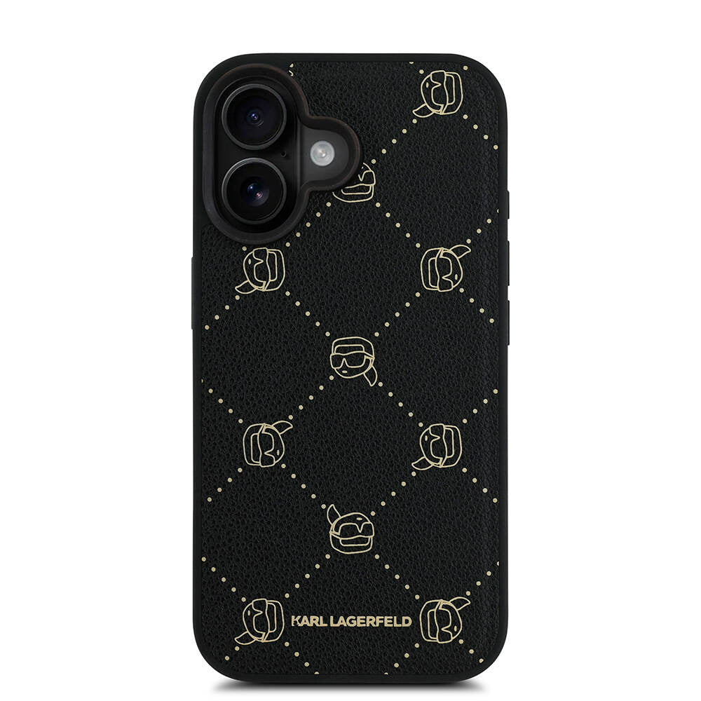Apple iPhone 16 Kılıf Karl Lagerfeld Orjinal Lisanslı Magsafe Şarj Özellikli PU Deri Karl Heads Desenli Klasik Logolu Kapak Siyah